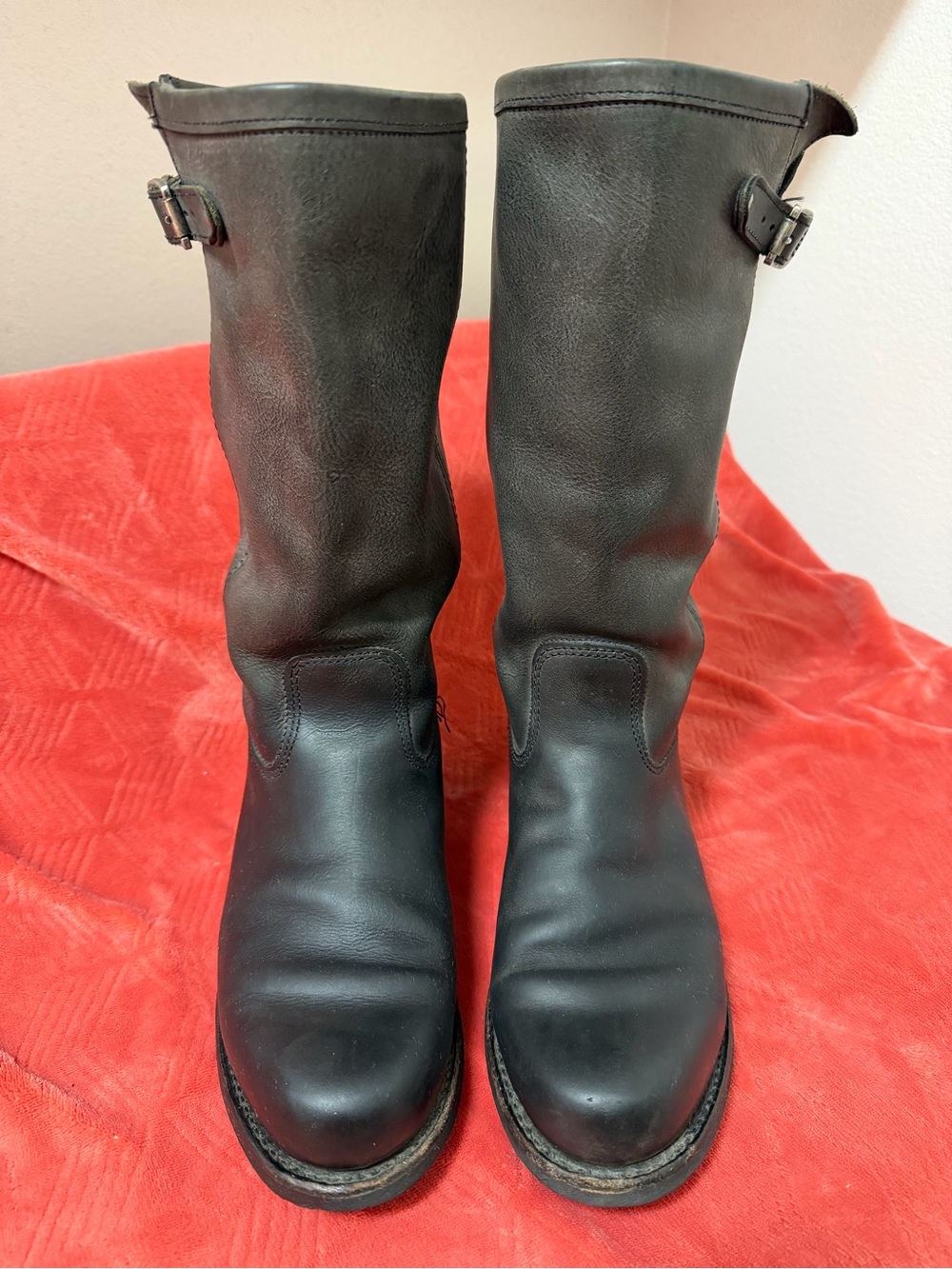 Frye Black Leather Mid-Calf Buckle Moto Boots